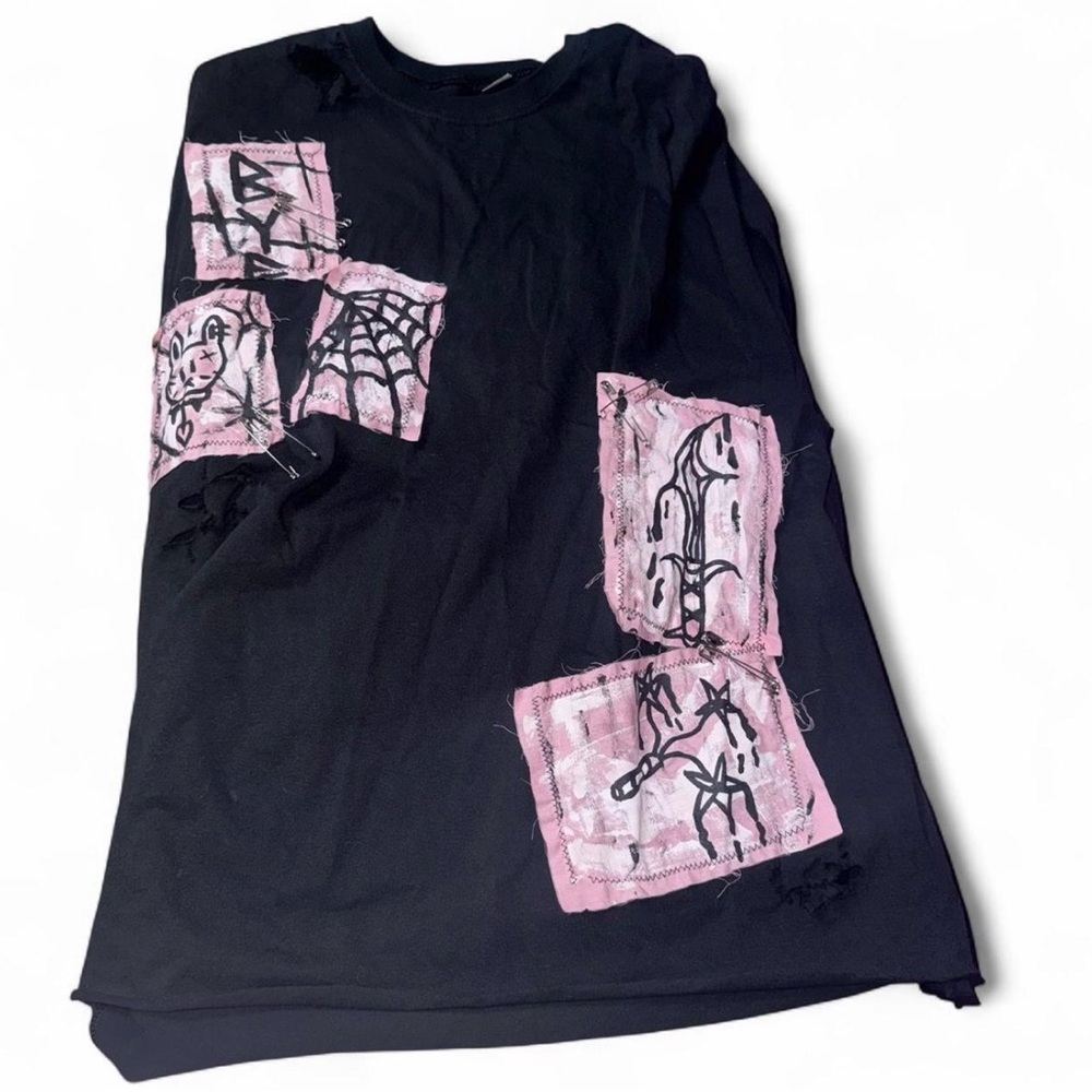 Black Graphic Tank Top with light Pink Patch Accents